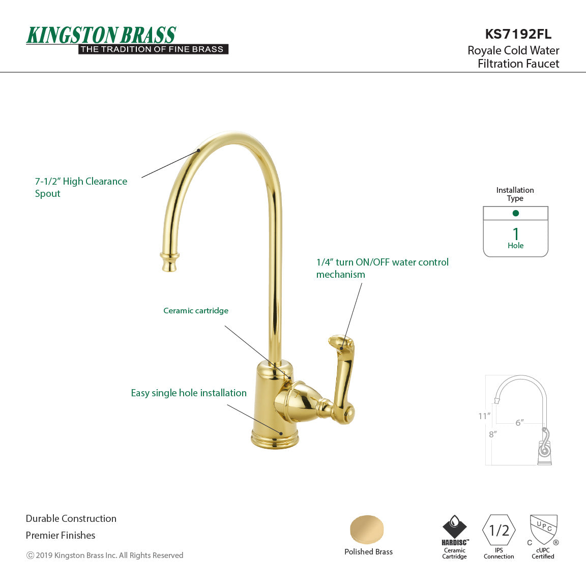 Kingston Tulare KS7192FL - Royale Single-Handle 1-Hole Deck Mount Water Filtration Faucet, Polished Brass — thumbnail 2